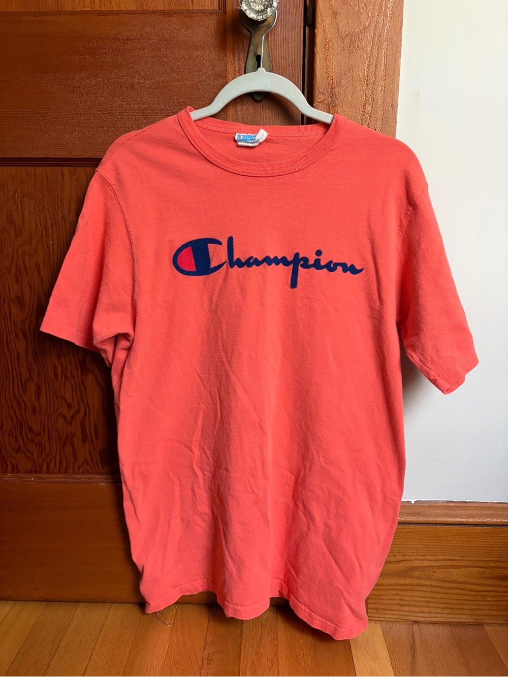 Champion Coral Short-Sleeve Crewneck Tee with Navy Logo